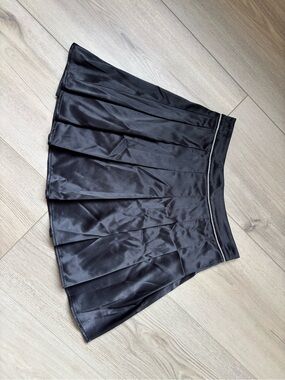 Mustard Seed Black Satin Pleated Skater Skirt with Trim